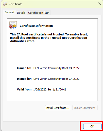 Screenshot of the "Certificate" window. It shows the "General" tab. The "OK" button is located below the "Install Certificate" button.