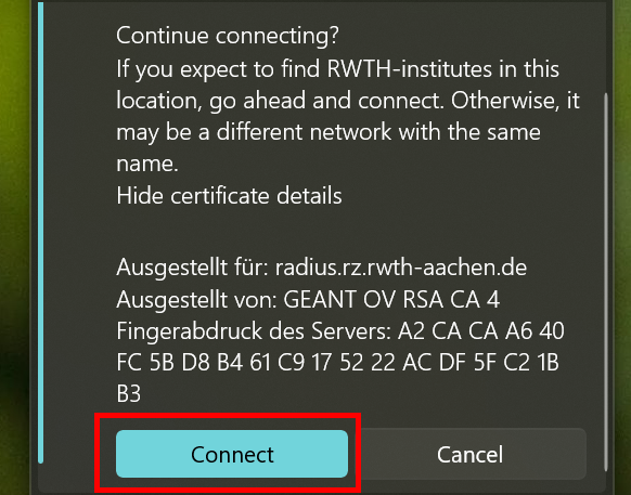 Screenshot of the list of available networks. Below RWTH-institutes appears the SHA1 fingerprint. Under it are two buttons: Connect and cancel