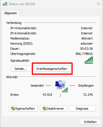 Screenshot des Fensters Status von WLAN. Die Schaltfläche Drahtloseigenschaften befindet sich unter Verbindung, nach der Signalqualität und der Schaltfläche Details.