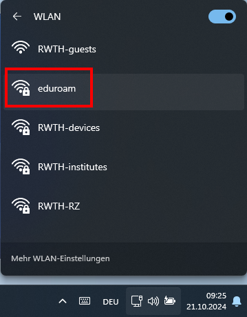 Screenshot der Liste der verfügbaren Netzwerke.