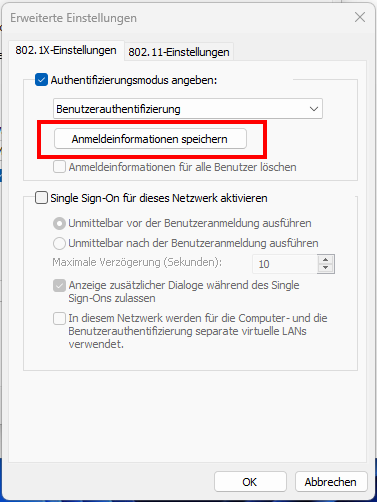 Screenshot Erweiterte Einstellungen, Registerkarte 802.1X-Einstellungen. Die Schritte 23 bis 25 sind die ersten 3 Elemente auf der Registerkarte.