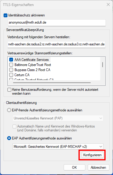 Screenshot der TTLS-Eigenschaften. Die Konfigurationseinstellungen sind im Text angegeben.