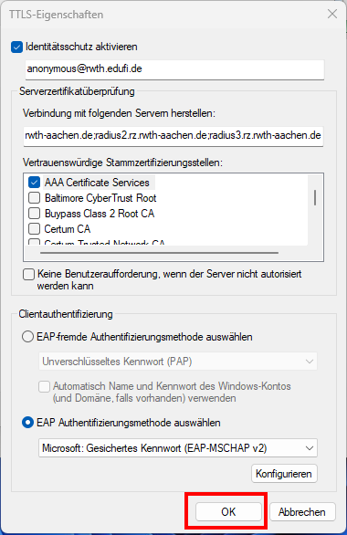 Screenshot der TTLS-Eigenschaften. Nach der Schaltfläche Konfigurieren, die Sie in Schritt 17 ausgewählt haben, befindet sich die Schaltfläche OK.