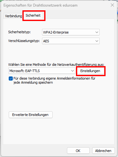 Screenshot des Reiters Sicherheit. Die Einstellungen sind in Dropdown-Menüs aufgelistet. Nach dem Dropdown-Menü "Wählen Sie eine Methode für die Netzwerkauthentifizierung" befindet sich die Schaltfläche "Einstellungen".