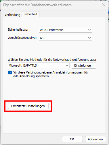 Screenshot der Registerkarte "Sicherheit". Erweiterte Einstellungen ist die nächste Schaltfläche nach der Schaltfläche Einstellungen, die Sie in Schritt 16 ausgewählt haben.