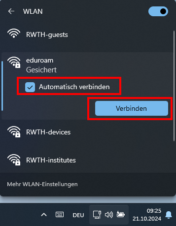 Screenshot der Liste der verfügbaren Netzwerke. eduroam ist ausgewählt. Unter eduroam steht "Gesichert", "Automatisch verbinden" und die Schaltfläche "Verbinden".