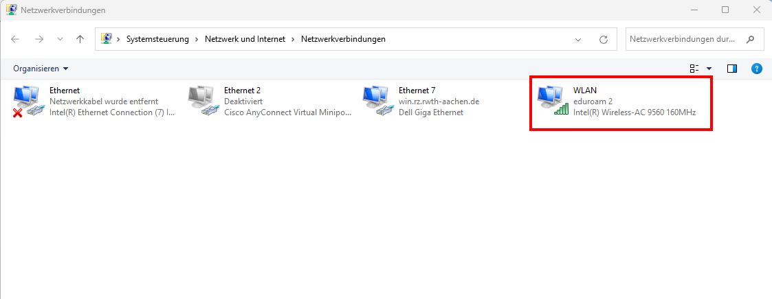 Screenshot der Registerkarte Netzwerkverbindungen. WLAN ist die 4. Option nach den 3 Ethernet-Optionen.