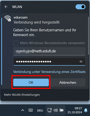 Screenshot der Liste der verfügbaren Netzwerke. eduroam ist ausgewählt. Unter eduroam steht "Verbindung wird hergestellt". Darunter können Sie Ihre Zugangsdaten eingeben. Der Benutzername endet mit @rwth.edufi.de. Unter der Login-Maske befinden sich die Schaltflächen OK und Abbrechen. 