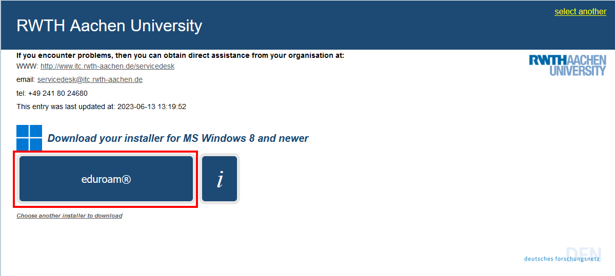 Screenshot of the CAT website. The eduroam button can be found under "Download your installer".