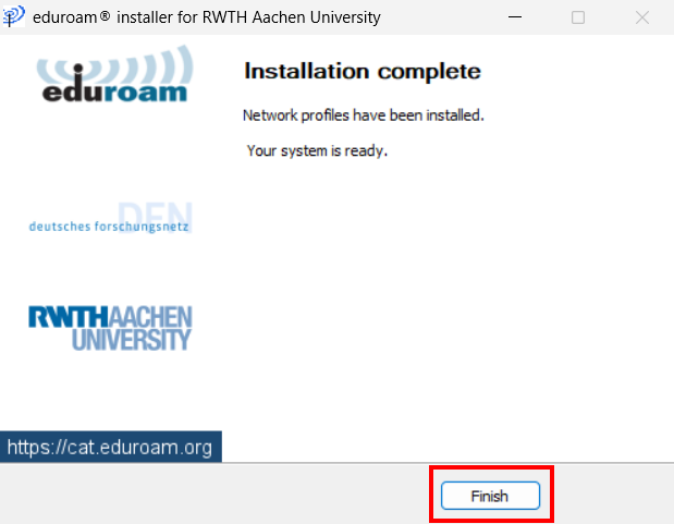 Screenshot of the installer. After successful installation, the "Installation complete" window appears. The "Finish" button is located below the text.