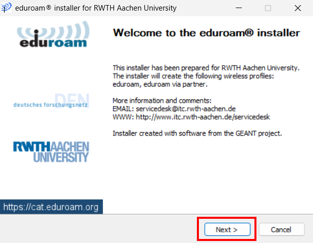 Screenshot of the eduroam installer. The "Next" button is located below a short text.
