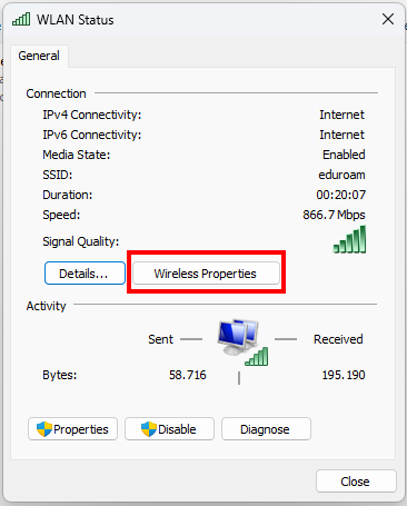 Screenshot of the WLAN status window. The Wireless Properties button is located under Connection, after the Signal Quality details and the Details button.