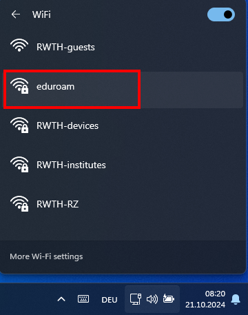Screenshot of the list of available networks.