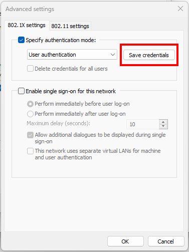 Screenshot of advanced settings, 802.1X settings tab. Steps 23 to 25 are the first 3 items on the tab.