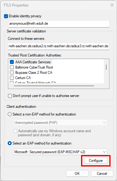 Screenshot of the TTLS properties. The configuration settings are specified in this manual.