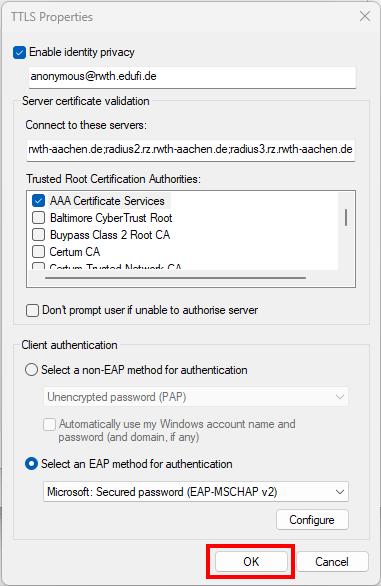 Screenshot of the TTLS properties. After the Configure button that you selected in step 17, you will find the OK button.