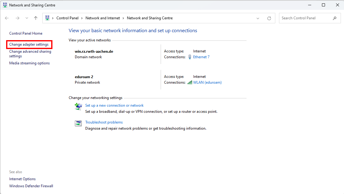Screenshot of the Network and Sharing Center. “Change adapter settings” is located in the menu between "Control Panel Home" and "Change advanced sharing settings".