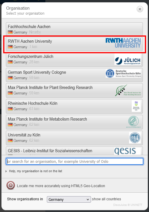  Screenshot of the CAT website. The institutions are listed by distance under "Organization".