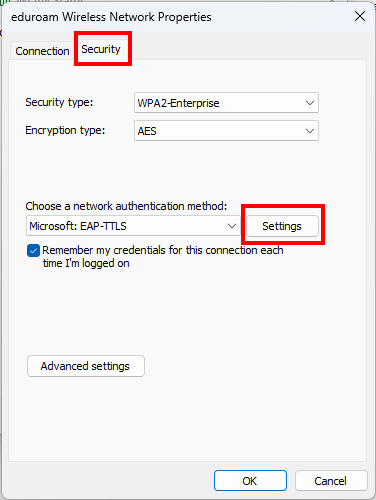 Screenshot of the Security tab. The settings are listed in drop-down menus. The “Settings” button is located after the “Choose a network authentication method” drop-down menu.