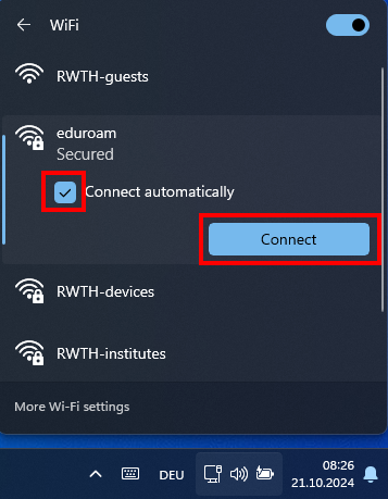 Screenshot of the list of available networks. eduroam is selected. Under eduroam you will see “Secured”, “Connect automatically” and the “Connect” button.