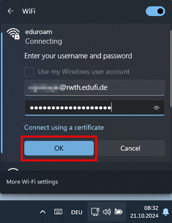 Screenshot of the list of available networks. eduroam is selected. Under eduroam it says “Connecting”. Below this you can enter your login credentials. The user name ends with @rwth.edufi.de. The OK and Cancel buttons are located below the login form. 