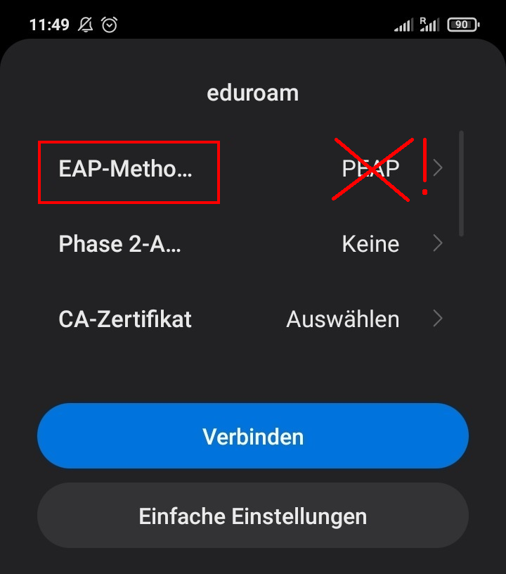 Screenshot of the advanced settings. EAP method is the first element listed.