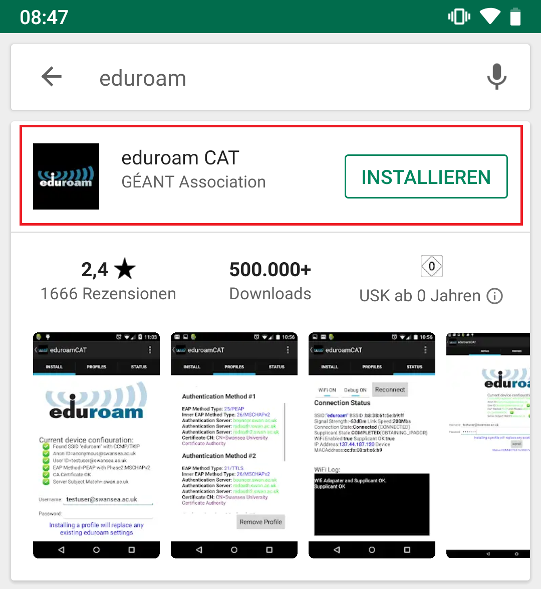 Screenshot der App auf Google Play. Die App heißt "eduroam CAT" und der Hersteller ist die GÉANT Association.