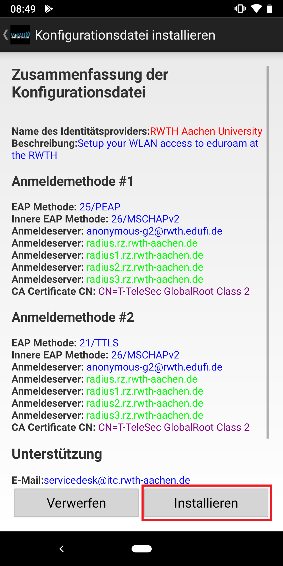 Screenshot der Zusammenfassung der Konfigurationsdatei. Der Name des Identitätsproviders ist RWTH Aachen University. Darunter werden technische Details angezeigt. Sie können dann die Konfiguration Verwerfen oder Installieren