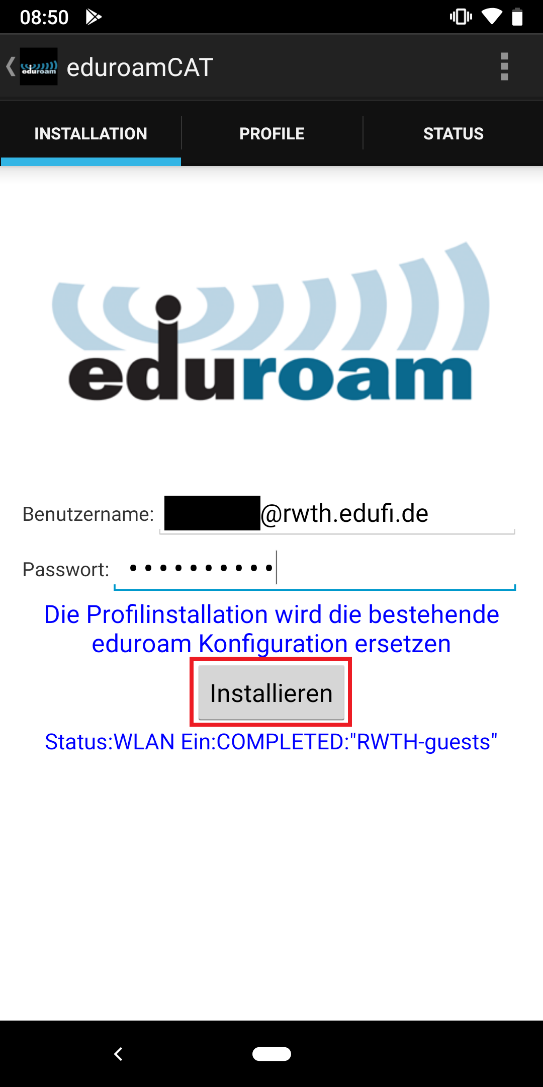 Screenshot der Login-Maske der eduroam CAT App. Der Benutzername endet mit "@rwth.edufi.de".