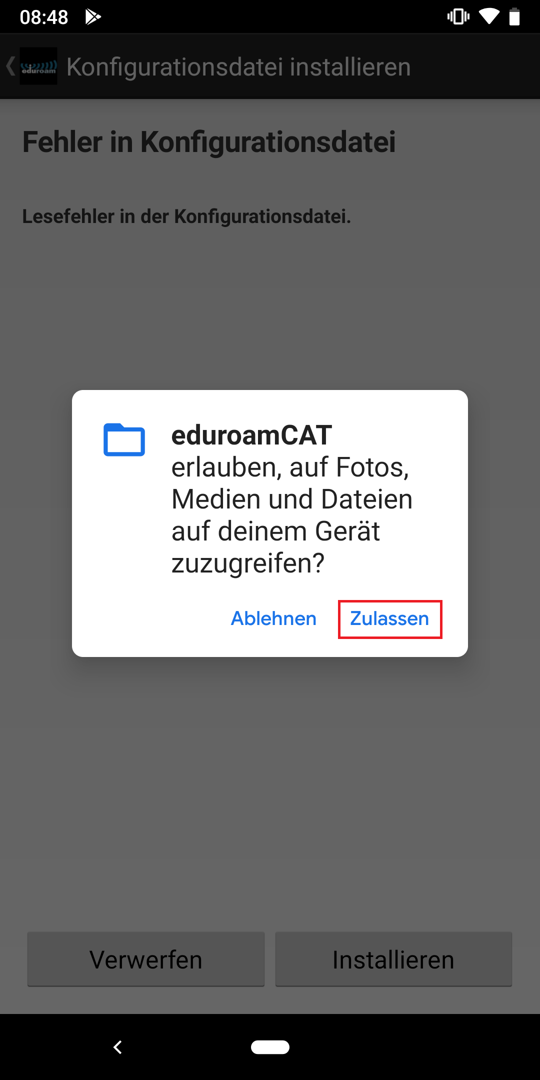 Screenshot des Popup-Fensters "eduroamCAT". Die App benötigt Zugriff auf Ihre Fotos, Medien und Dateien. Sie haben die Wahl zwischen Ablehnen und Zulassen.