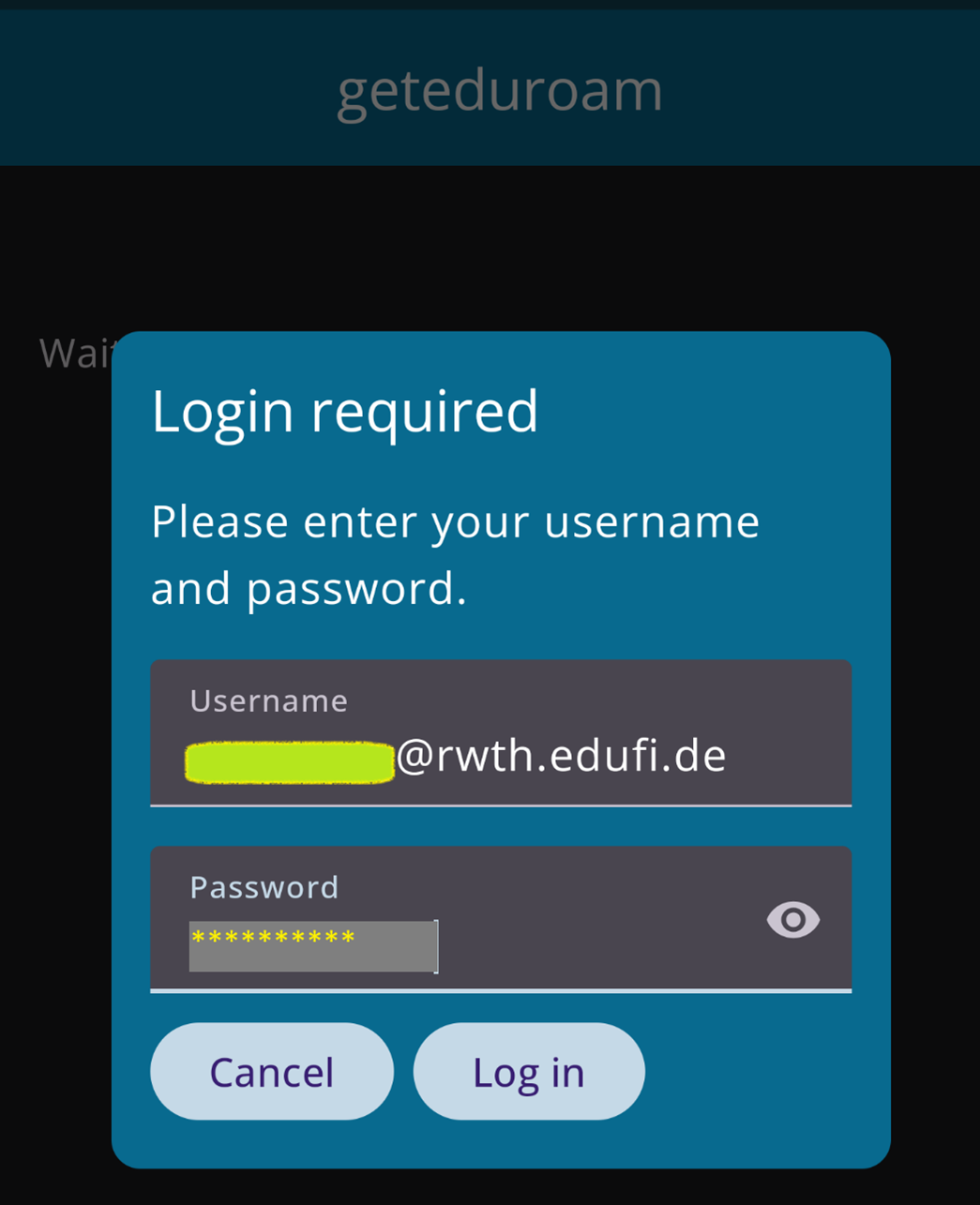 A view of the prompt to enter you eduroam login credentials while using the geteduroam app