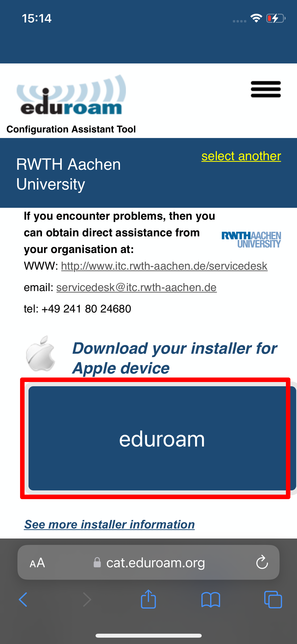 Downloading the eduroam profile