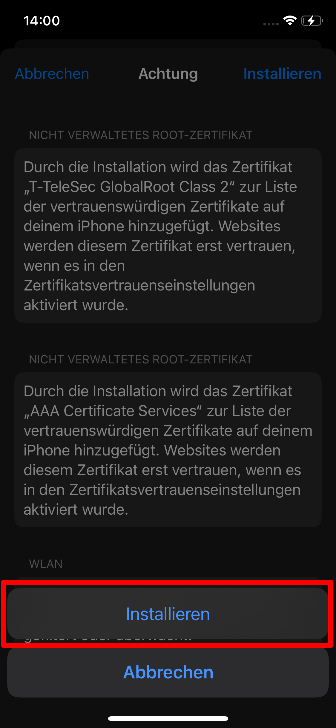 Screenshot der Anwendung. Nachdem Sie Installieren auswählen, erscheinen 2 Schaltfläche: Installieren und Abbrechen. 