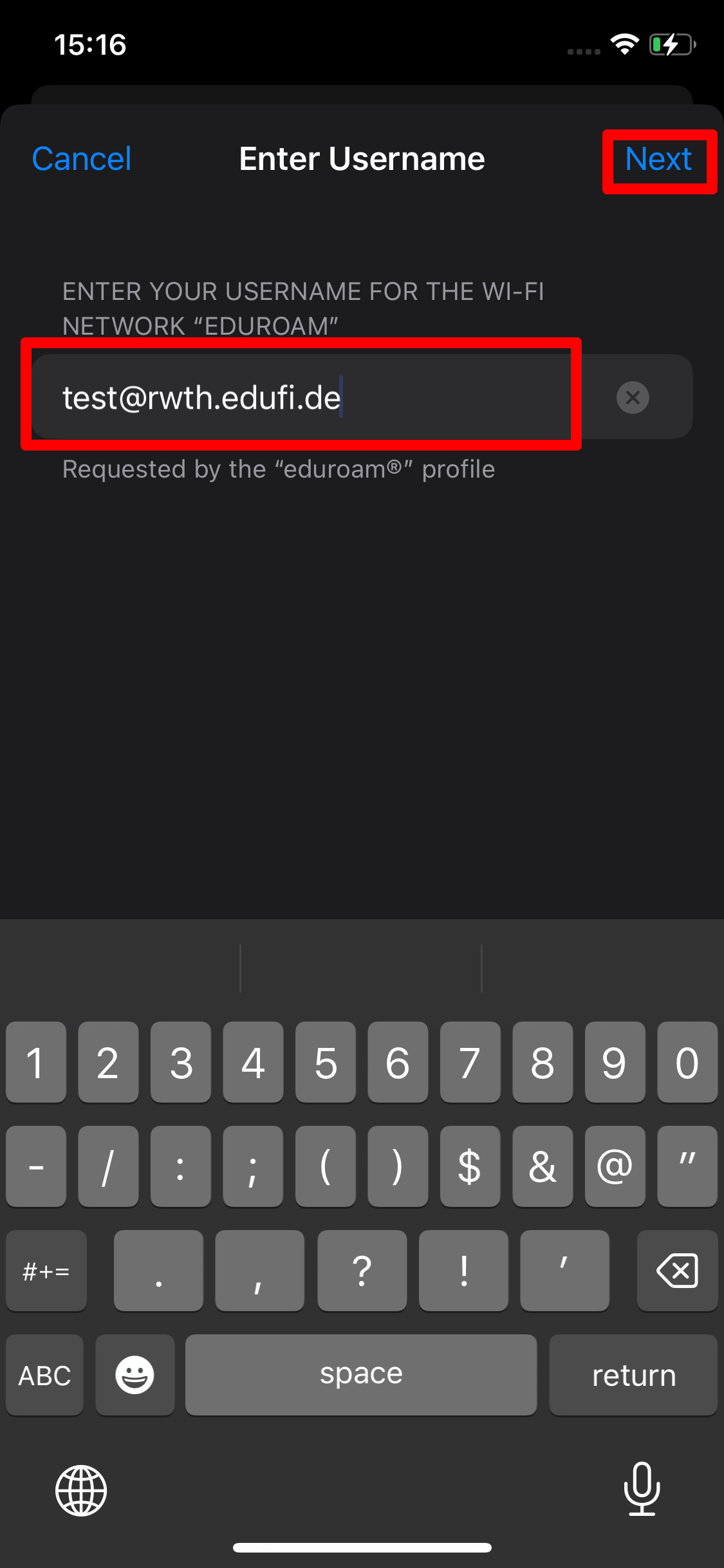 Screenshot of the "Enter Username" page. You can enter your username under "Enter your username for the Wi-Fi network eduroam". 