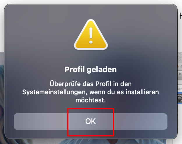  Screenshot des Popup-Fensters "Profil geladen". "OK" steht unter einem kurzen Text.