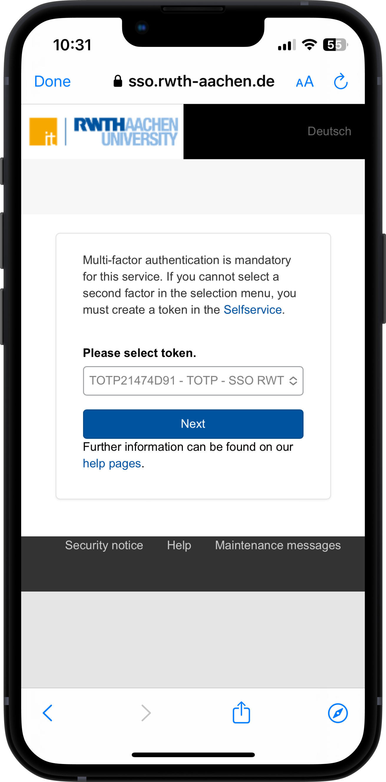 Screenshot of the login page. Under 'Please select token' you can select a token from the drop down menu.