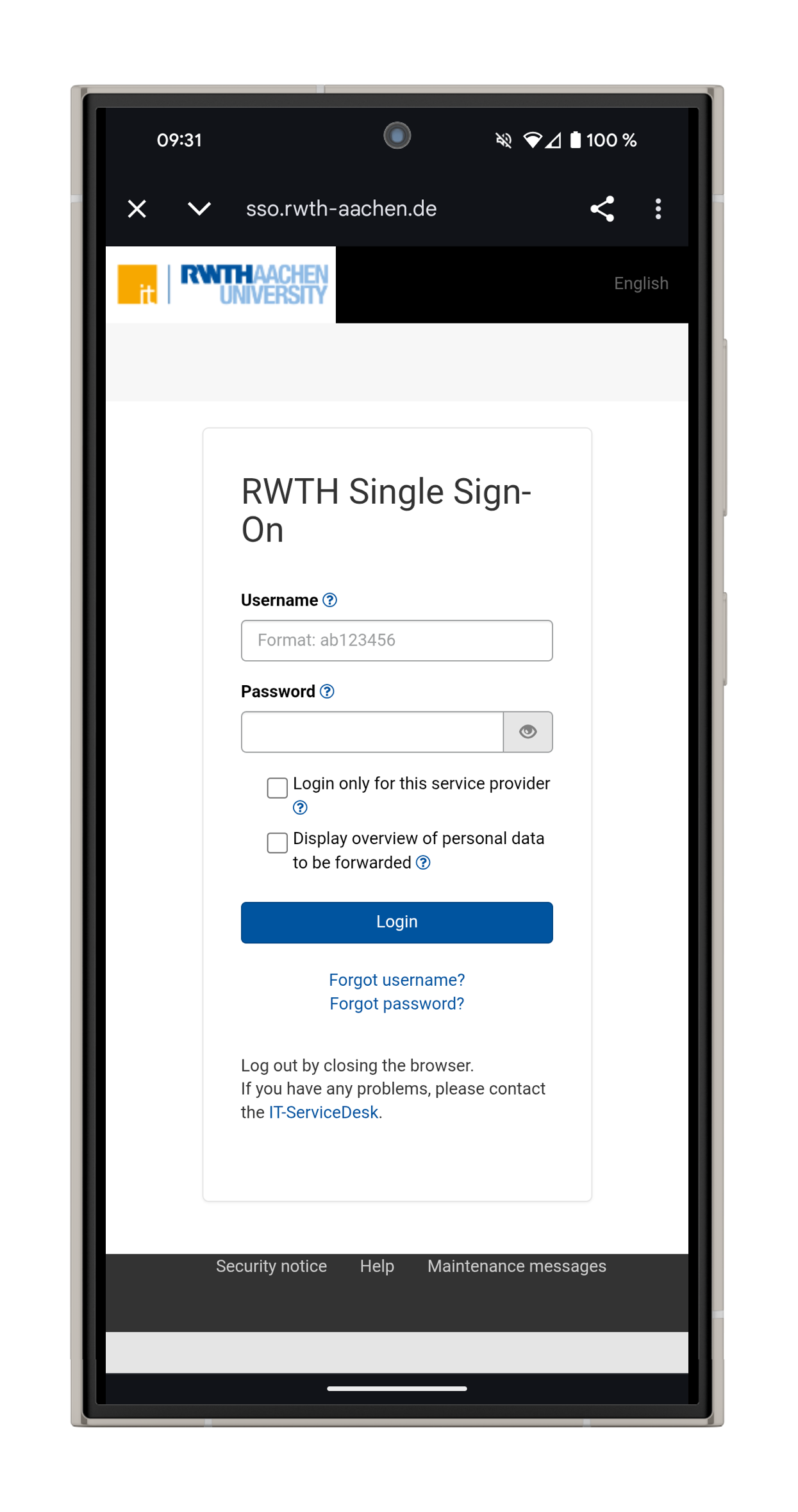 Screenshot of the login page. The page is titled "RWTH Single Sign-On". Below it, you can enter your username (in the form "ab123456") and your password.