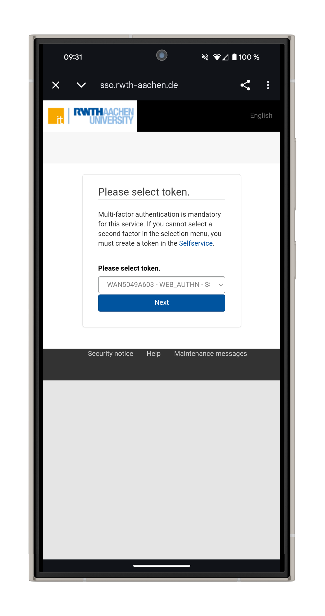 Screenshot of the login page. Under 'Please select token' you can select a token from the drop down menu.