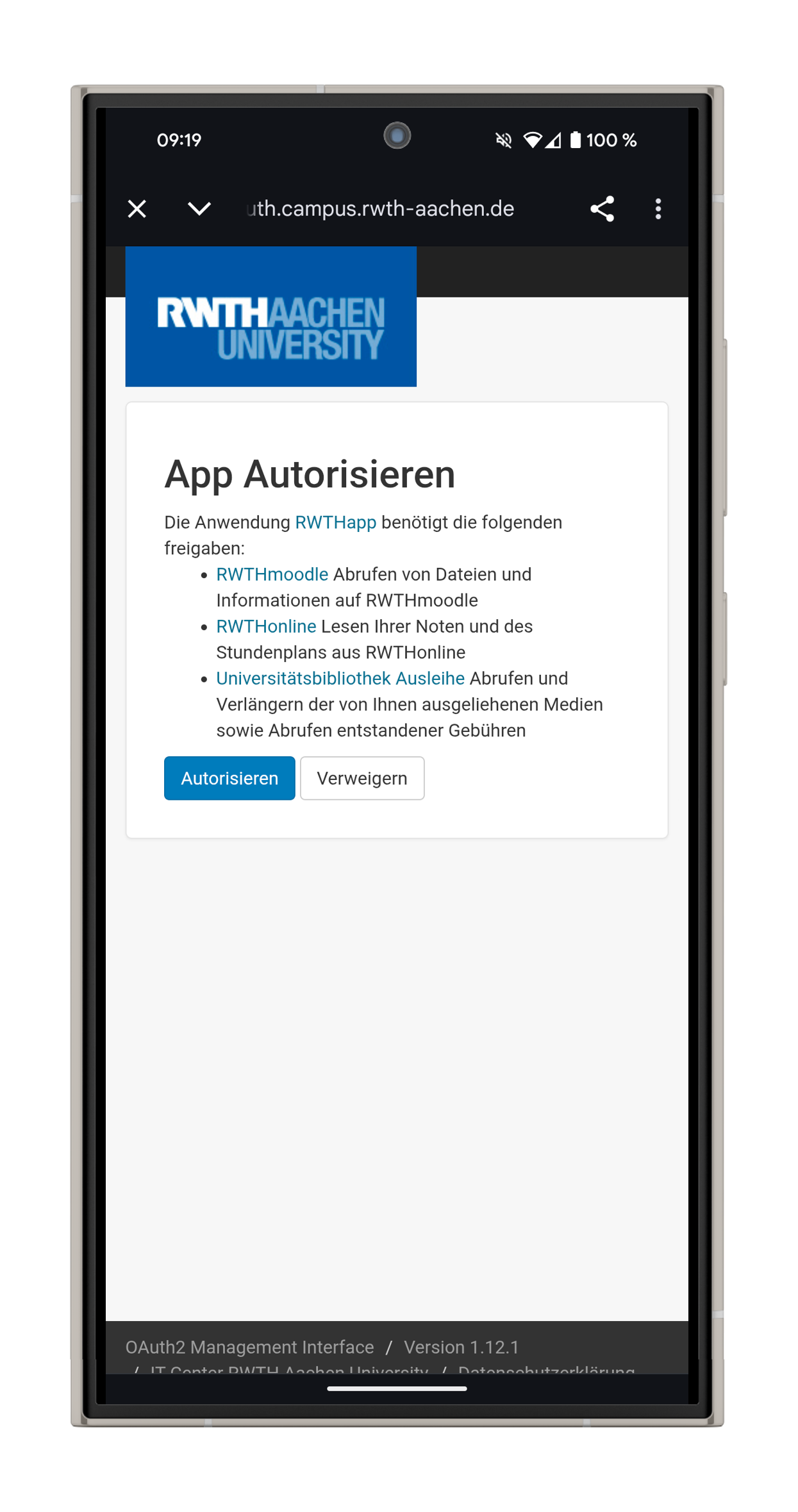 Screenshot der Autorisierungsseite. Unter "App Autorisieren" werden die benötigten Autorisierungen aufgelistet. Sie können " Autorisieren " oder " Verweigern " auswählen.