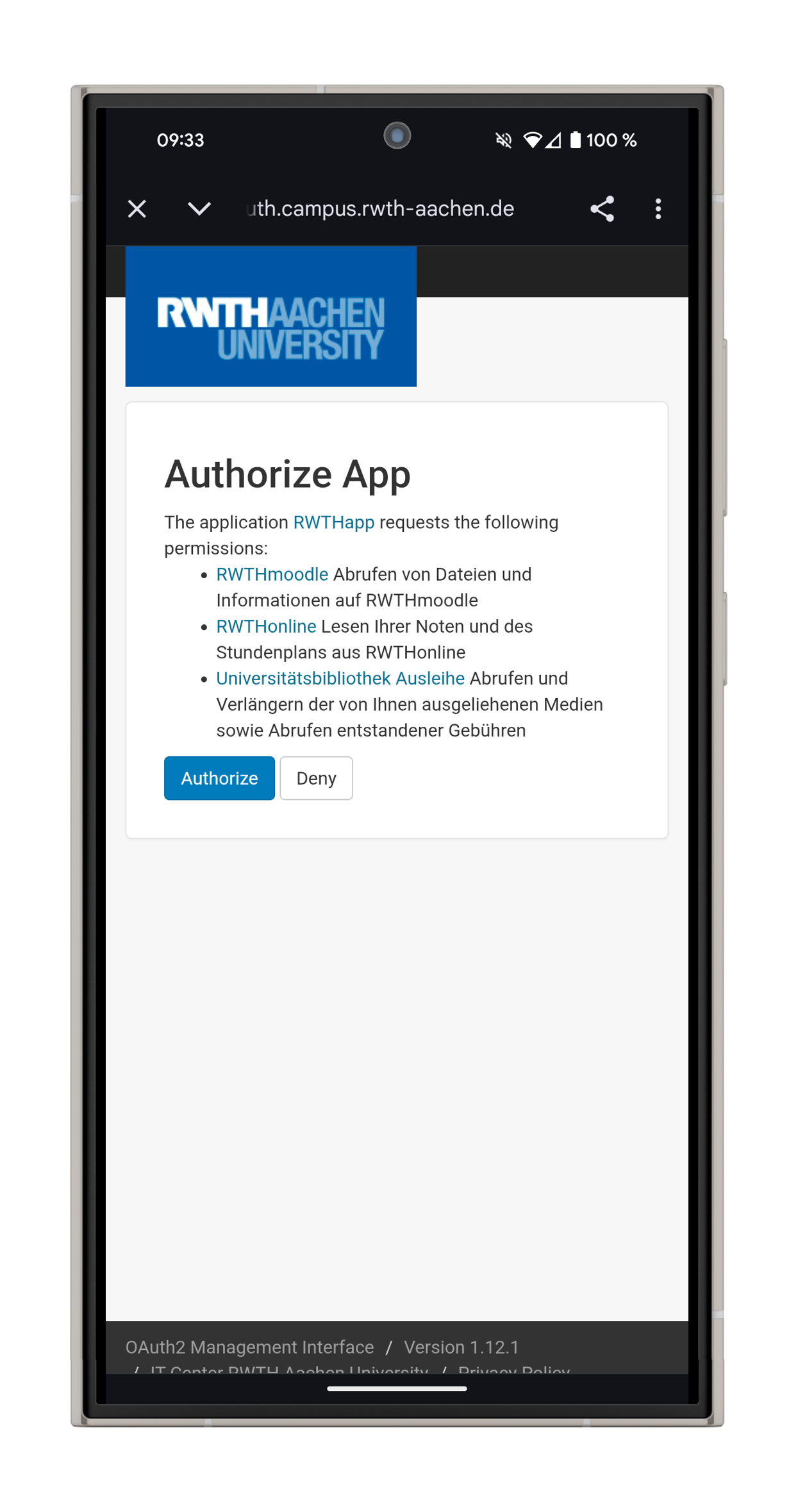 Screenshot of the permissions page. Under "Authorize App" the required permissions are listed. You can select "Authorize" or "Deny".
