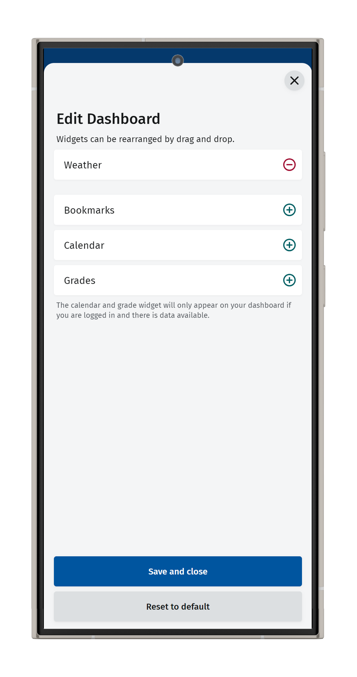Screenshot of the Edit Dashboard page. The items must be sorted by dragging and dropping.