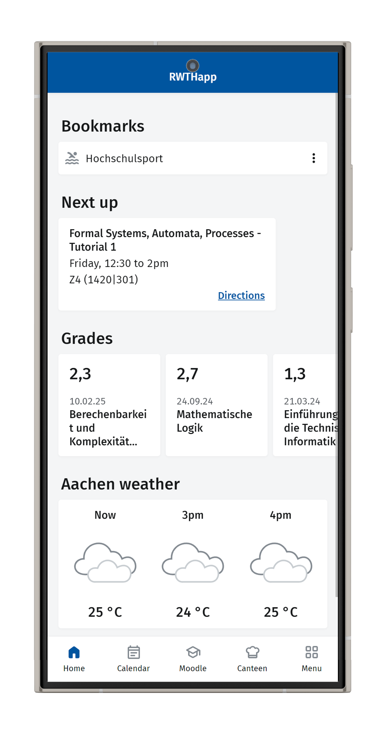 Screenshot of the dashboard. "Hochschulsport" has been marked as a favorite and now appears under "Bookmarks".