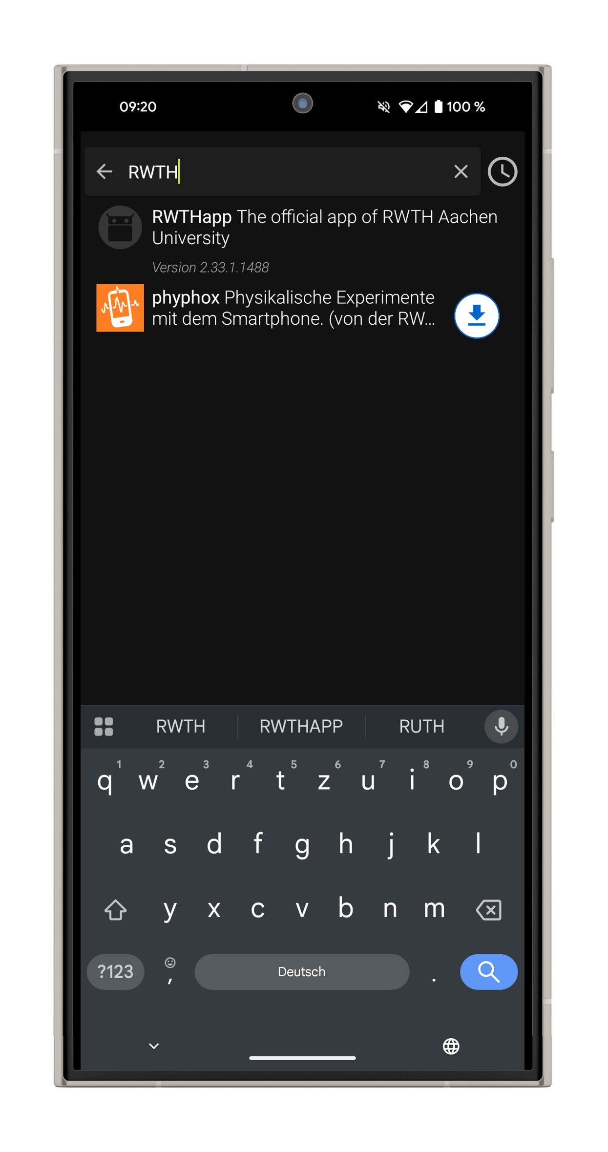Screenshot der Paketquellen-Suche in F-Droid. In der Suche wurde "RWTH" angegeben. Vorgeschlagen wird die RWTHapp.