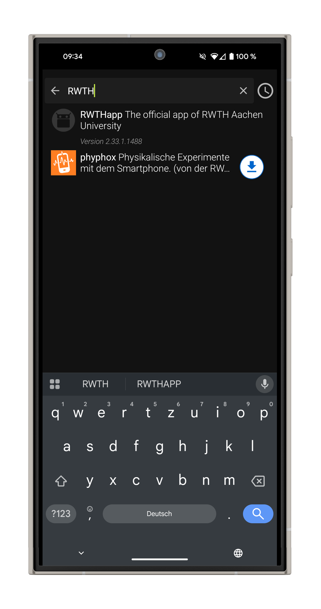 Screenshot of the repository search in F-Droid. "RWTH” was entered in the search. The RWTHapp appears in the suggestions.