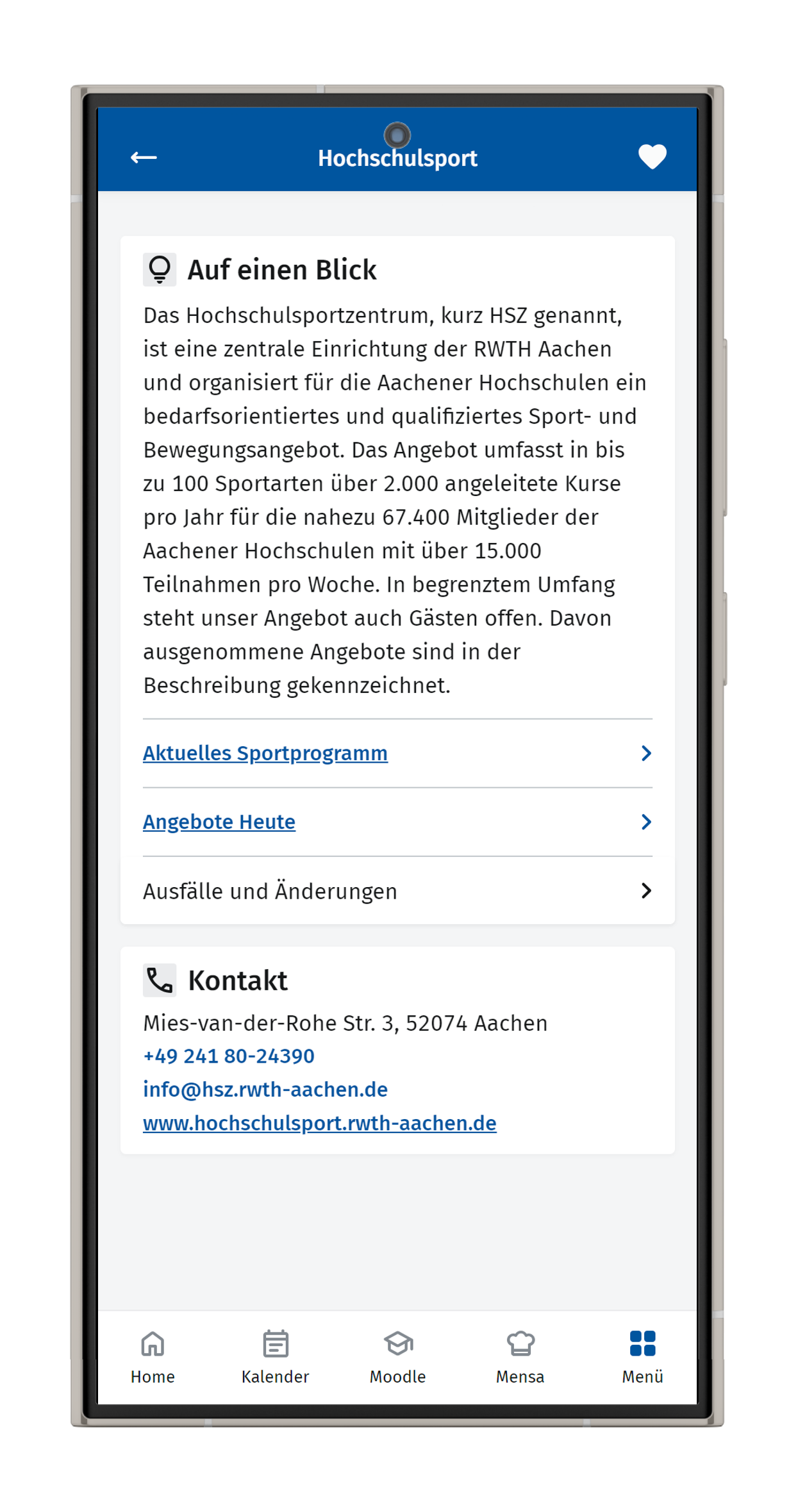 Screenshot der Seite des Hochschulsports in der RWTHapp.