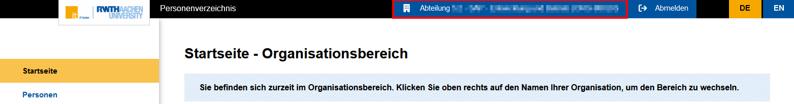 Ein Screenshot der Kopfzeile im RWTH Personenverzeichnis mit der rot markierten Schaltfläche.