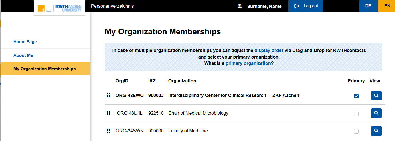 A screenshot of the My Organizational Memberships section. The section contains a list of three organizations. Each entry includes the OrgID, IKZ, and the name of the organization, as well as a checkbox and an icon for the detailed view.