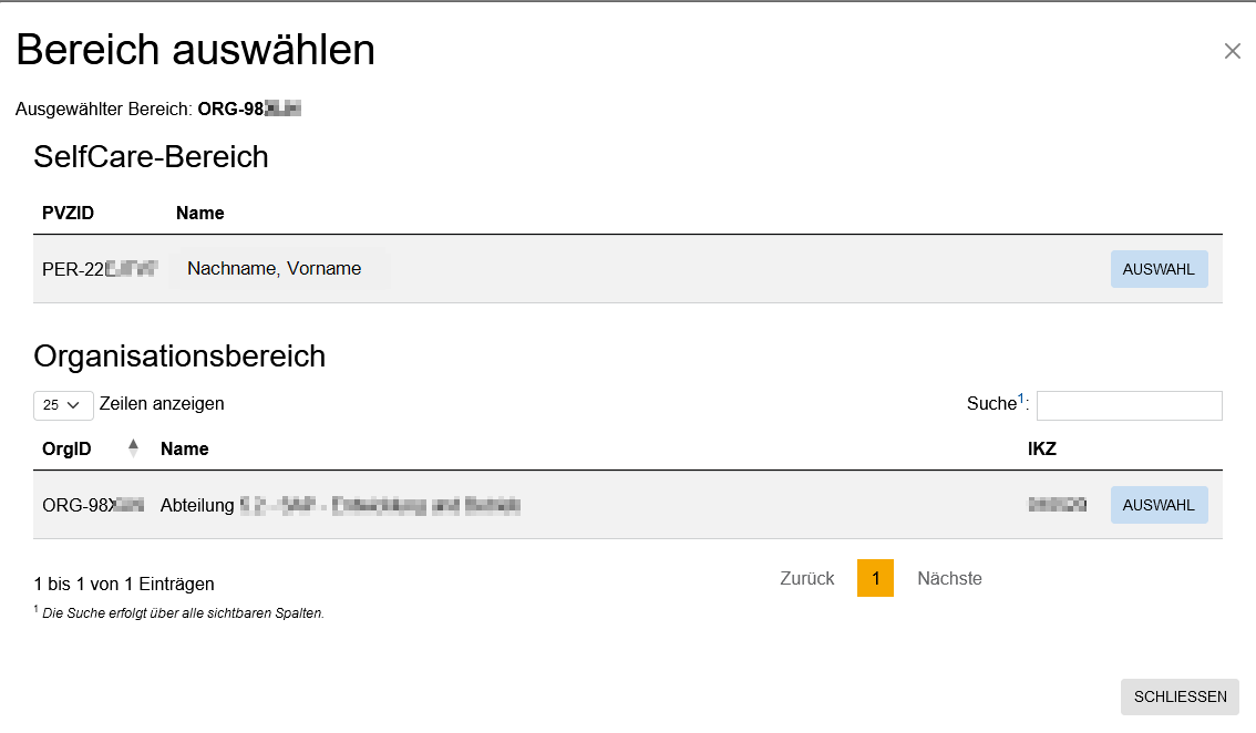 Ein Screenshot von dem Fenster mit der Bereichsauswahl. Auf dem Screenshot sind zwei Buttons dargestellt, über welche man zu dem SelfCare-Bereich oder zu einer Organisation im Organisationsbereich wechseln kann.