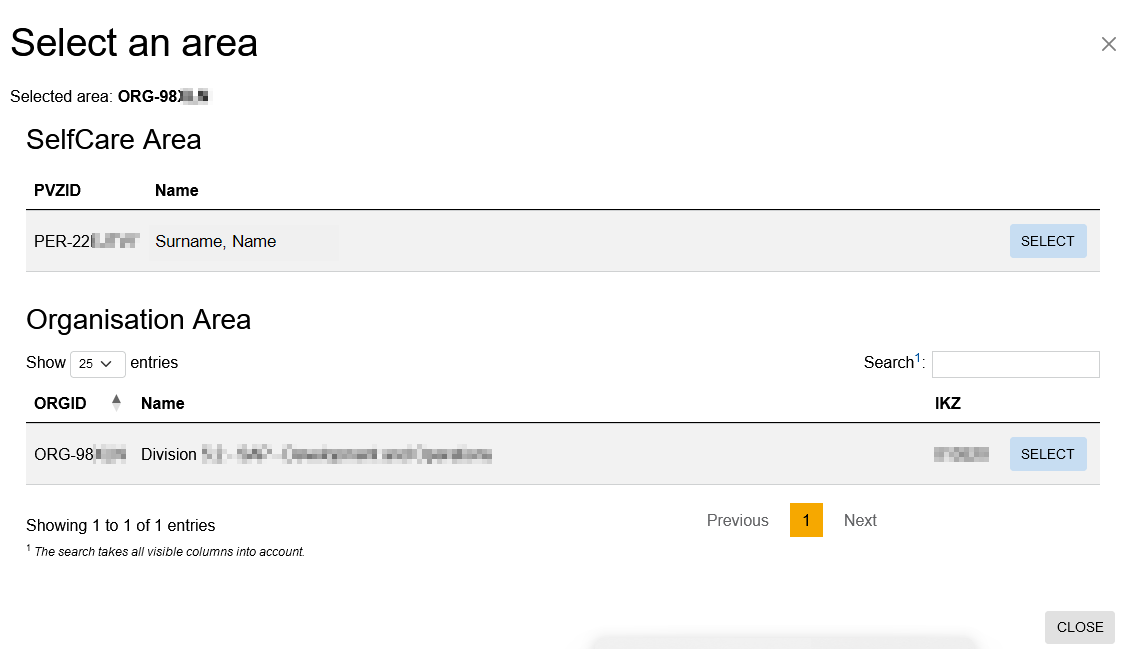 A screenshot of a window with a possibility to switch between the SelfCare and Organization area. Each area contains a select button.