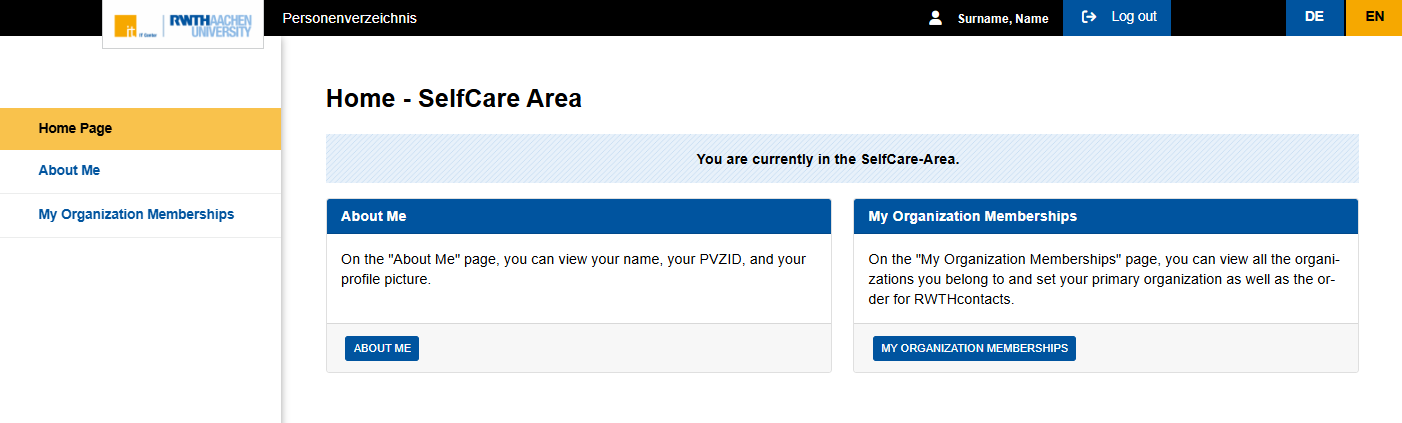 A screenshot of the home page from the SelfCare area. The screenshot shows the menu bar and the sections About Me and My Organizational Memberships. Each section has a button with the name of the section.